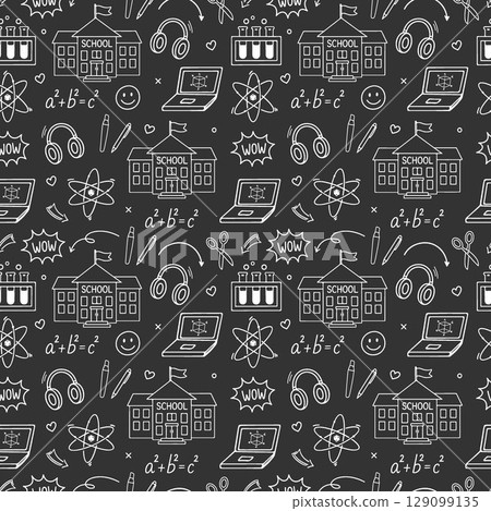 Pattern school supplies on black background. School background. Back to school. Blackboard with Drawings of School Supplies. Seamless pattern with doodles. Abstract blackboard. Education concept Pattern school supplies on black background. School background. Back to school. Blackboard with Drawings of School Supplies. Seamless pattern with doodles. Abstract blackboard. Education concept 129099135