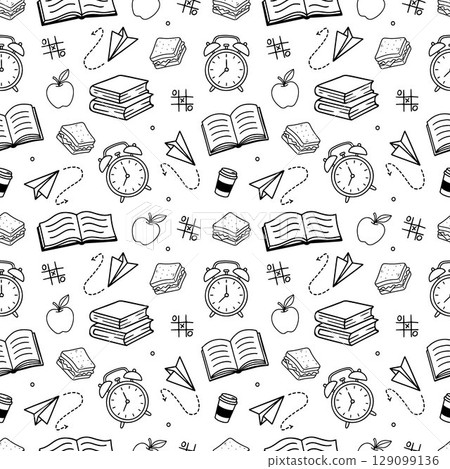 Back to school seamless vector pattern. Pattern school supplies. Vector illustration. Hand-Drawn. Flat design, Black and white line sketch. Stationery, book, alarm clock 129099136
