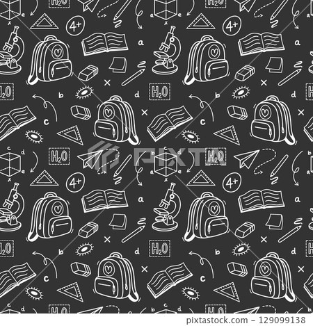 Pattern school supplies on black background. School background. Back to school. Blackboard with Drawings of School Supplies. Seamless pattern with doodles. Abstract blackboard. Education concept Pattern school supplies on black background. School background. Back to school. Blackboard with Drawings of School Supplies. Seamless pattern with doodles. Abstract blackboard. Education concept 129099138