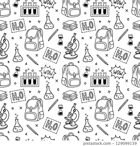 Back to school seamless vector pattern. Pattern school supplies. Vector illustration. Hand-Drawn. Flat design, Black and white line sketch. Stationery, backpack, microscop, books 129099139