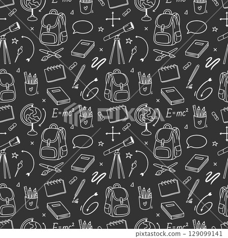 Pattern school supplies on black background. School background. Back to school. Blackboard with Drawings of School Supplies. Seamless pattern with doodles. Abstract blackboard. Education concept 129099141