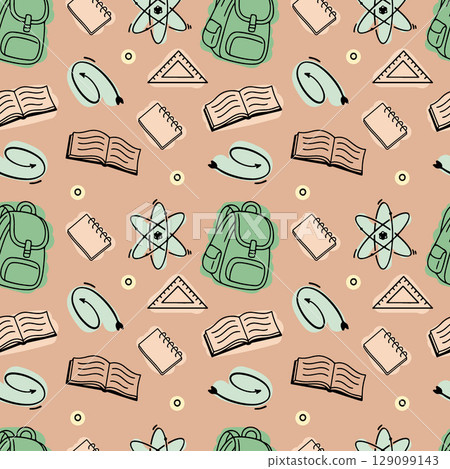 Back to school seamless vector pattern. Pattern school supplies. Vector illustration. Hand-Drawn doodle sketch, Flat design. Multicolored elements 129099143