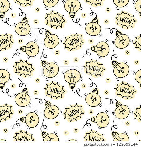 Seamless vector pattern with yellow light bulbs on a white background. Vector Doodle Light Bulb. Idea ,Concept. Background Pattern. Business flat vector illustration. Light bulb sign symbol pattern. 129099144
