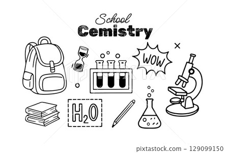 Set of school supplies. Back to school. Black and white sketch outline illustration. Vector clipart in doodle style. Backpack, books, test tube, microscope 129099150