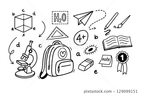 Set of school vector icons in doodle style. Black and white sketch of school supplies. Back to school. Vector outline illustration. Backpack, books, formulas, Microscope, stationery, geometry Set of school vector icons in doodle style. Black and white sketch of school supplies. Back to school. Vector outline illustration. Backpack, books, formulas, Microscope, stationery, geometry 129099151