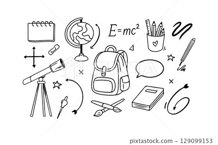 Set of school vector icons in doodle style. Black and white sketch of school supplies. Back to school. Vector outline illustration. Backpack, globe, books, formulas, telescope 129099153