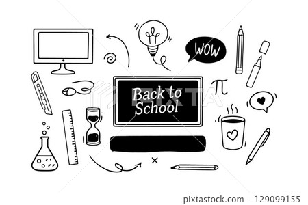Set of school vector icons in doodle style. Black and white sketch of school supplies. Back to school. Vector outline illustration. School board, computer, light bulb, stationery 129099155
