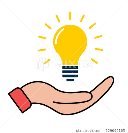 Hand Holding Light Bulb. Symbol of Creativity. Vector Illustration. A stylized human hand holding a glowing yellow light bulb, symbolizing a fresh idea or innovation. 129099165