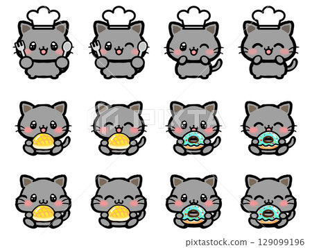 塗鴉風格插畫素材集可愛的黑貓吃東西 129099196