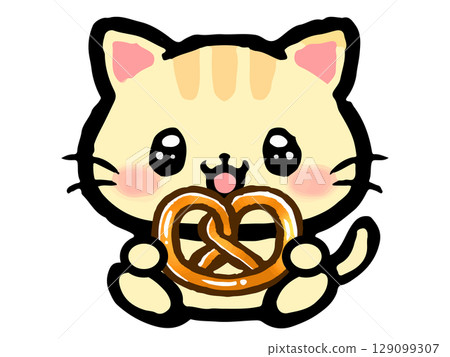 Doodle illustration of a cat eating a pretzel 2 129099307