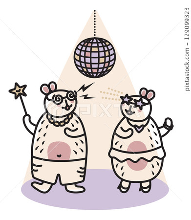 Two cute dancing capybaras in disco, black line vector doodle, festive mood, trendy kawaii characters, big friendly rodents for a postcard, fabric prints, etc. 129099323