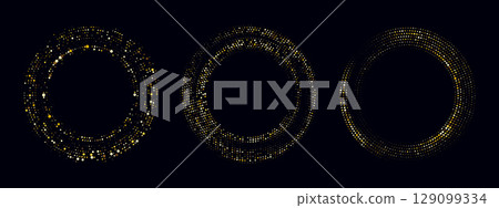 Golden halftone frames with abstract dot pattern and radial light design. Elegant vector background in gold tones with glitter elements and circular symmetry. Golden halftone frames with abstract dot pattern and radial light design. Elegant vector background in gold tones with glitter elements and circular symmetry. 129099334