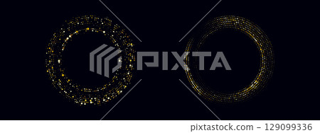 Abstract golden circle frame with glitter texture and dotted pattern. Vector design with radial symmetry and a luxurious gold background. 129099336