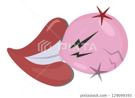 Woman lips and bubble gum, this symbolizes empty talk, color and halftone retro pop art, trendy y2k signs, trippy retro sticker with newspaper effect, 90s grunge vintage illustration 129099393