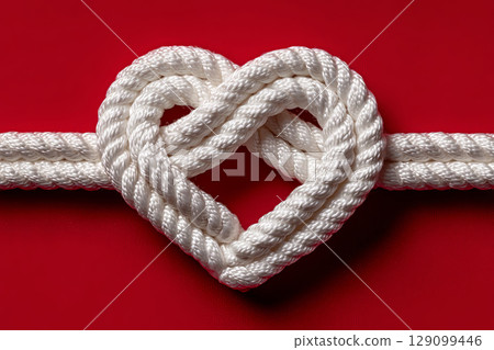 Heart-shaped knot crafted from white rope against a bold red backdrop Heart-shaped knot crafted from white rope against a bold red backdrop 129099446