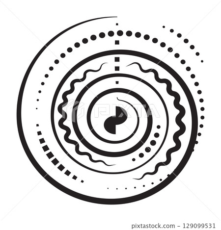 Abstract halftone circle, clockwise spiral, stylized round shape, Trypillian culture symbol, vector black line sign, outline monochrome illustration 129099531