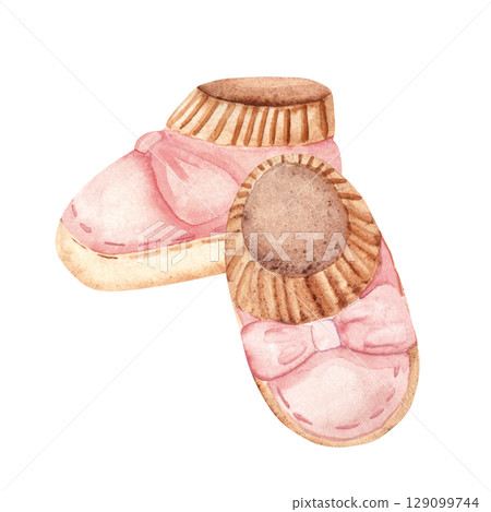 Watercolor Baby Girl pink Booties. Hand drawn illustration of Shoes for Newborn isolated on a white background. Cute Infant clipart for invitations, Gender party, Baby shower, Greeting cards, Nursery Watercolor Baby Girl pink Booties. Hand drawn illustration of Shoes for Newborn isolated on a white background. Cute Infant clipart for invitations, Gender party, Baby shower, Greeting cards, Nursery 129099744