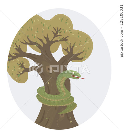 Green snake and tree, vector colorful oval illustration 129100031