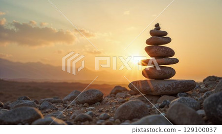 Balanced stone stack at sunset in rocky landscape 129100037