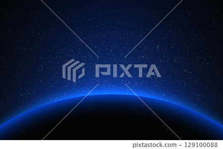 Space background with glowing blue horizon of a planet and starry sky. Space sunrise effect. Deep universe atmosphere with bright light. Cosmos eclipse with solar ring. Vector Illustration Space background with glowing blue horizon of a planet and starry sky. Space sunrise effect. Deep universe atmosphere with bright light. Cosmos eclipse with solar ring. Vector Illustration 129100088