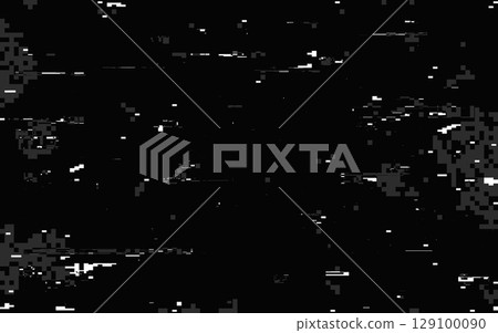 Glitch background with white and black pixel blocks. Static noise and distorted screen effect. Futuristic banner template for tech, hacker or retro visual. Vector Illustration 129100090