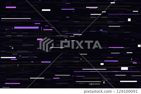 Glitch background with purple and white digital noise. Pixel distortion and futuristic lines on dark screen. Distorted effect for tech and cyber visual. Vector Illustration 129100091