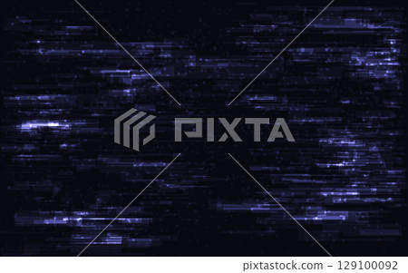 Glitch background with digital distortion. Pixelated noise effect in dark neon colors for tech or cyber design. Video damage template. Overlay cyberpunk texture. Vector Illustration 129100092