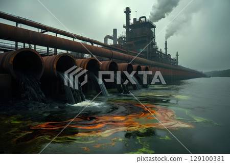 Toxic liquid waste from factory drain polluting natural river, environmental crisis visualization Toxic liquid waste from factory drain polluting natural river, environmental crisis visualization 129100381