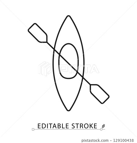 A kayak icon in minimalist style with editable stroke. Water sport equipment, paddling activity, adventure element, outdoor gear, boat shape, aquatic travel, extreme sport object, outline design. 129100438