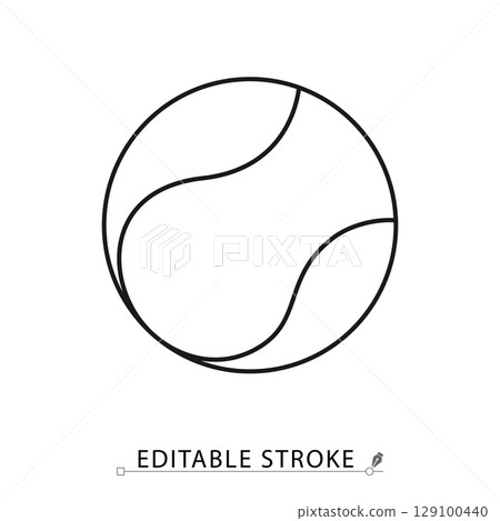 A tennis ball icon in minimalist style with editable stroke. Sport equipment, outdoor game, physical activity, competition object, round shape, training tool, classic ball, match symbol 129100440