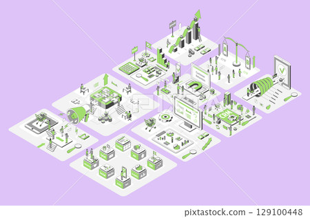 Cartoon Color Growth Marketing Concept with Profit Chart, Sales Funnel and Team 3d Isometric View Line Elements. Vector illustration Cartoon Color Growth Marketing Concept with Profit Chart, Sales Funnel and Team 3d Isometric View Line Elements. Vector illustration 129100448