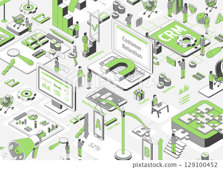 Cartoon Color Growth Marketing Concept with Customer Retention Campaign Card Background 3d Isometric View Line Elements. Vector illustration 129100452