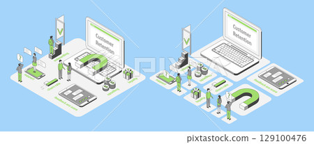 Cartoon Color Customer Retention Campaign with Separate Set Growth Marketing Concept 3d Isometric View Line Elements. Vector illustration 129100476