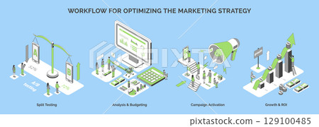Cartoon Color Workflow for Optimizing Strategy Growth Marketing Concept 3d Isometric View Line Elements. Vector illustration 129100485