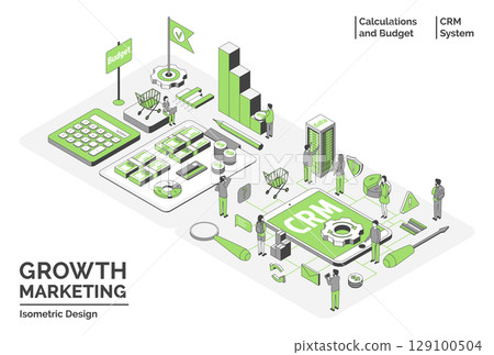 Cartoon Color Budget and Automation CRM Growth Marketing Concept 3d Isometric View Line Elements. Vector illustration Cartoon Color Budget and Automation CRM Growth Marketing Concept 3d Isometric View Line Elements. Vector illustration 129100504