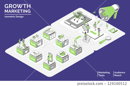 Cartoon Color Tools and Audience Reach with Loudspeaker Growth Marketing Concept 3d Isometric View Line Elements. Vector illustration Cartoon Color Tools and Audience Reach with Loudspeaker Growth Marketing Concept 3d Isometric View Line Elements. Vector illustration 129100512