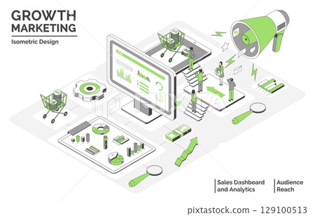 Cartoon Color Audience Reach, Sales Dashboard and Analytics Growth Marketing Concept 3d Isometric View Line Elements. Vector illustration Cartoon Color Audience Reach, Sales Dashboard and Analytics Growth Marketing Concept 3d Isometric View Line Elements. Vector illustration 129100513