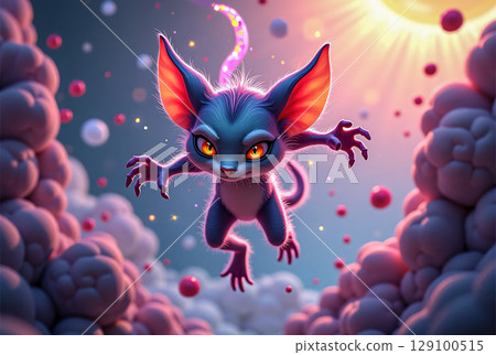 Funny cartoon character with orange eyes. A bizarre blue creature with exaggerated facial features, including large, pointed ears and bright orange eyes, appears in a dynamic leap through the air. 129100515