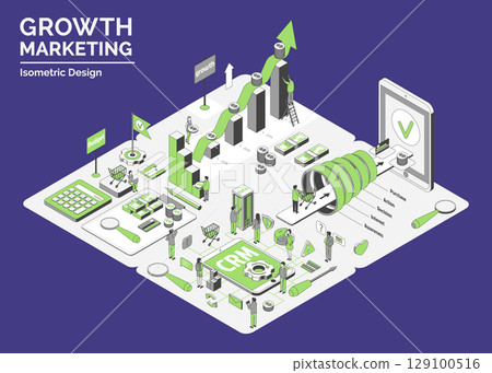 Cartoon Color Profit Chart, Sales Funnel Automation CRM and Budget Growth Marketing Concept 3d Isometric View Line Elements. Vector illustration 129100516