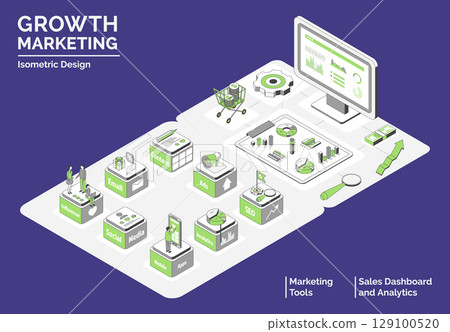 Cartoon Color Tools, Sales Dashboard and Analytics Growth Marketing Concept 3d Isometric View Line Elements. Vector illustration Cartoon Color Tools, Sales Dashboard and Analytics Growth Marketing Concept 3d Isometric View Line Elements. Vector illustration 129100520