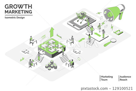 Cartoon Color Team and Audience Reach with Loudspeaker Growth Marketing Concept 3d Isometric View Line Elements. Vector illustration Cartoon Color Team and Audience Reach with Loudspeaker Growth Marketing Concept 3d Isometric View Line Elements. Vector illustration 129100521