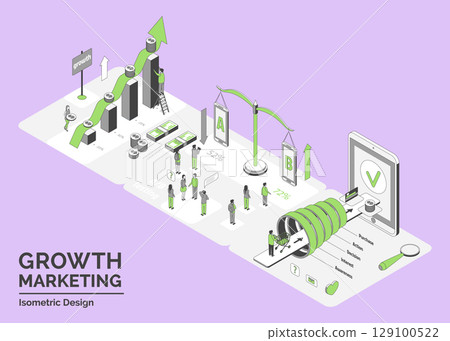 Cartoon Color Profit Chart, AB Testing and Sales Funnel Growth Marketing Concept 3d Isometric View Line Elements. Vector illustration 129100522