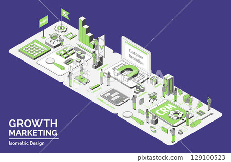 Cartoon Color Budget, Customer Retention and Automation CRM Growth Marketing Concept 3d Isometric View Line Elements. Vector illustration Cartoon Color Budget, Customer Retention and Automation CRM Growth Marketing Concept 3d Isometric View Line Elements. Vector illustration 129100523