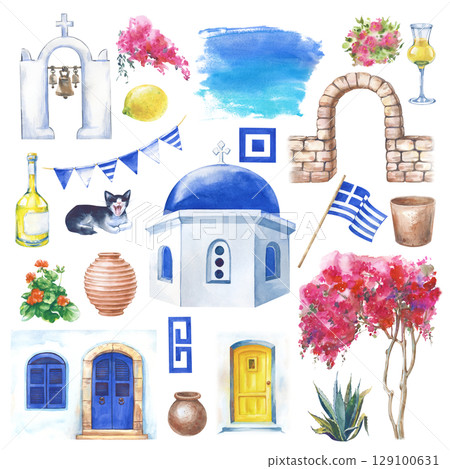 A set of hand drawn elements of Greece. Motives of Santorini. The watercolor illustration is isolated on a white background. A template for travel booklets, postcards, and scrapbooking. 129100631