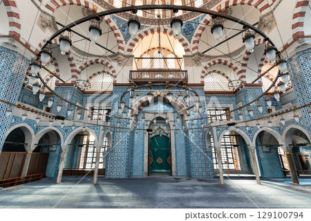 Rustem Pasha Mosque interior, Istanbul, Turkey, with exquisite Iznik tiles and grand chandeliers Rustem Pasha Mosque interior, Istanbul, Turkey, with exquisite Iznik tiles and grand chandeliers 129100794