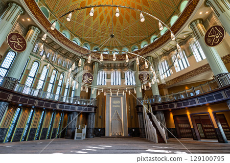 Taksim Mosque Interior with Intricate Dome, Grand Chandelier, and Islamic Calligraphy, Istanbul, Turkey 129100795
