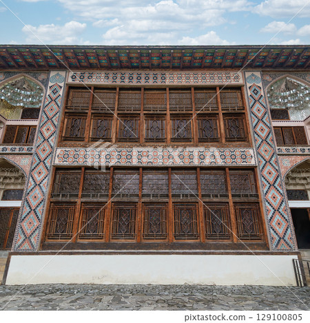 Palace of Shaki Khans, Sheki, Azerbaijan. Ornate facade with intricate patterns and traditional shebeke windows Palace of Shaki Khans, Sheki, Azerbaijan. Ornate facade with intricate patterns and traditional shebeke windows 129100805