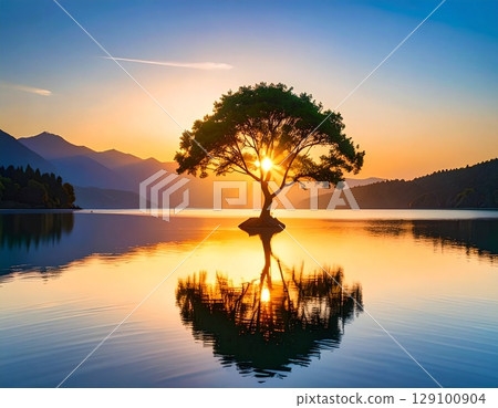 A calm lake and a single tree illuminated by the morning glow, perfectly reflected on the water, fantastic colors, ultra-detailed, 4K A calm lake and a single tree illuminated by the morning glow, perfectly reflected on the water, fantastic colors, ultra-detailed, 4K 129100904