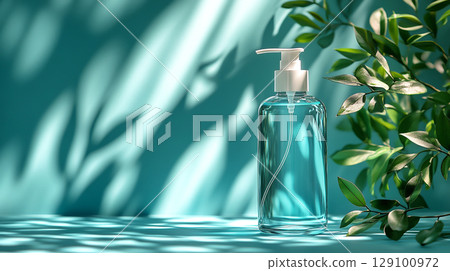 Transparent bottle isolated on fresh background illuminated by natural light 129100972
