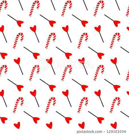 Whimsical seamless pattern with various candy types including lollipops, hearts and sticks. Candy scattered in fun style. Use this candy theme for Easter, Halloween, Valentine and Christmas projects 129101034